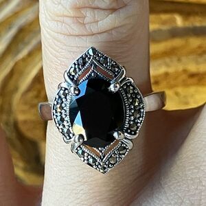 Natural Black Spinel Sterling Silver Ring Size 7